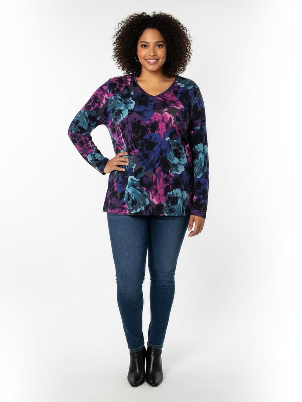 Coldwater Creek Floral Print V-Neck Long Sleeve Top